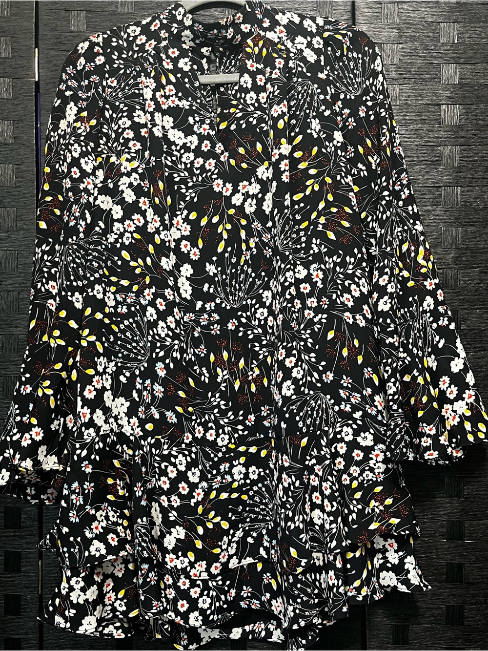 Parker Black Floral Mini Tunic dress with White & Yellow Accents Size Small